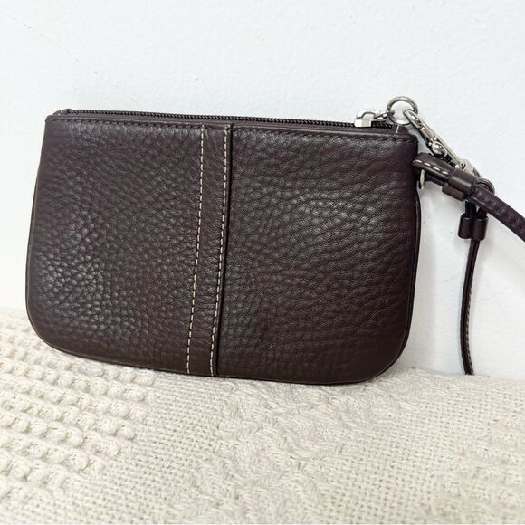 Y2K Coach Small Pebble Leather Wristlet F42389 Silver Mahogany Brown Clip Pouch - Picture 3 of 10